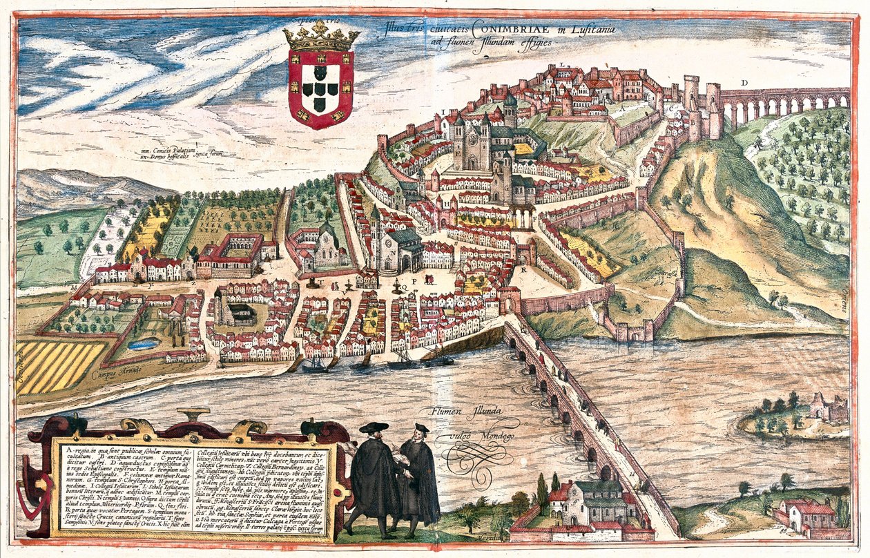 Coimbra, Portugália. A tanult beszélgetésben az előtérben látható két akadémikus további vizuális utalást tesz az egyetemre (metszet alkotó: Franz Hogenberg