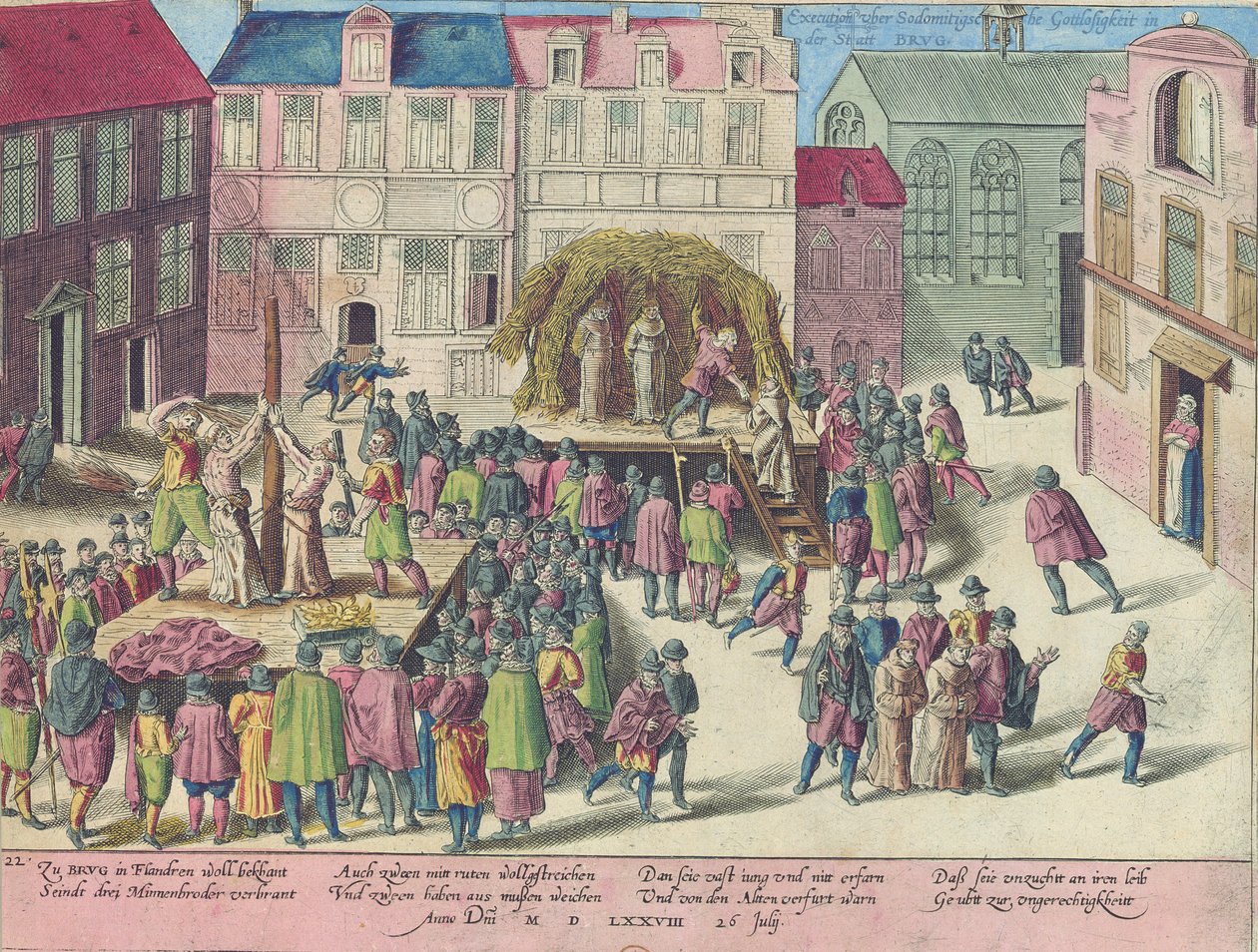 Kivégzés Bruges-ben három szerzetes felgyújtásával szodómia miatt, 1578. június 28. alkotó: Franz Hogenberg
