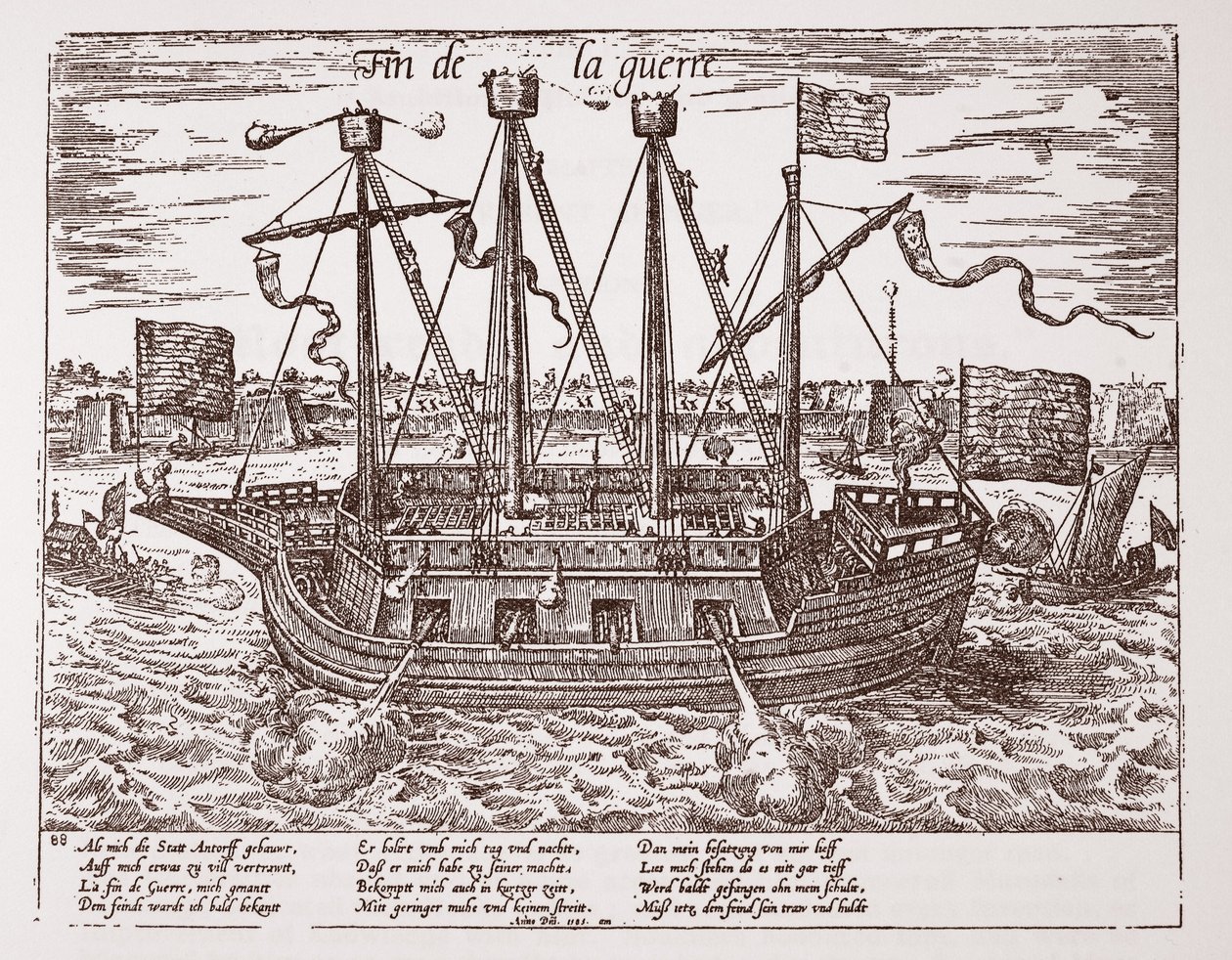 "Fin de la Guerre", az Egyesült Tartományok számára épített hadihajó, 1585. alkotó: Franz Hogenberg