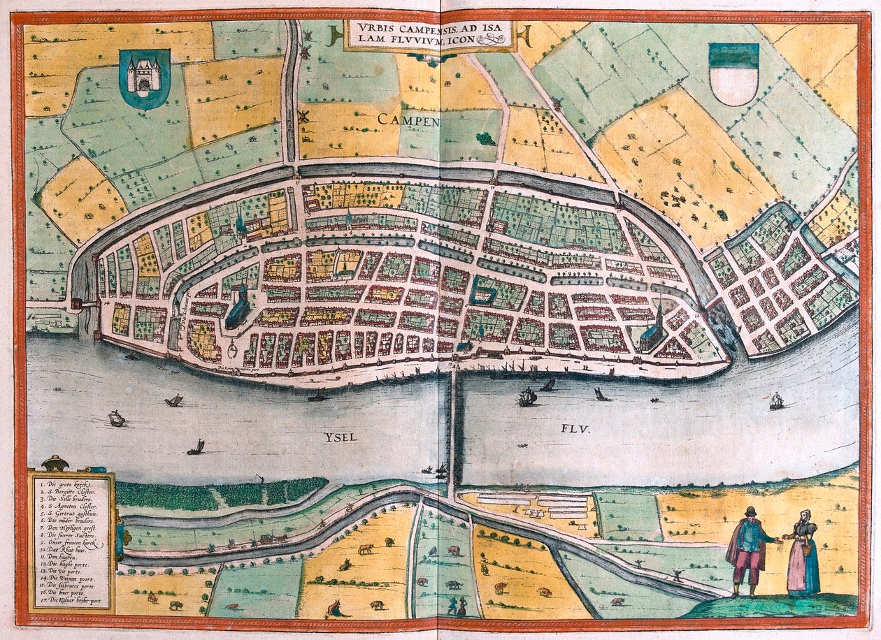 Kampen és az IJssel folyó vagy Yssel, Hollandia (metszet alkotó: Franz Hogenberg