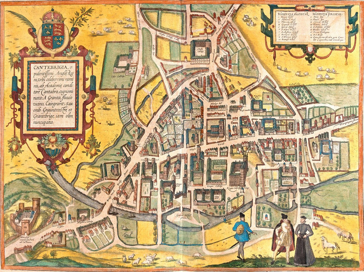 Cambridge (Cantebrigia), Anglia térképe (rézkarc alkotó: Franz Hogenberg