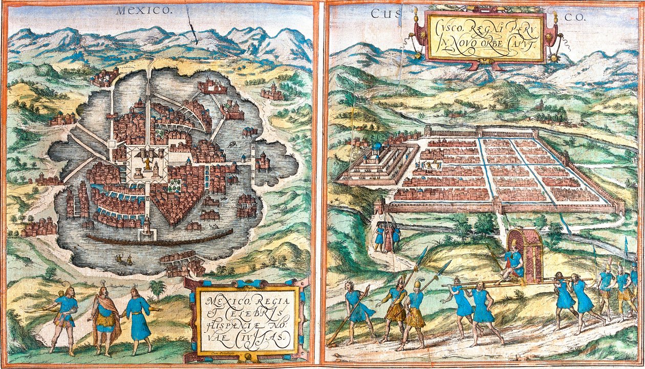 Mexikó (Mexikó) és Cuzco (Cusco) (Peru) térképe (rézkarc alkotó: Franz Hogenberg