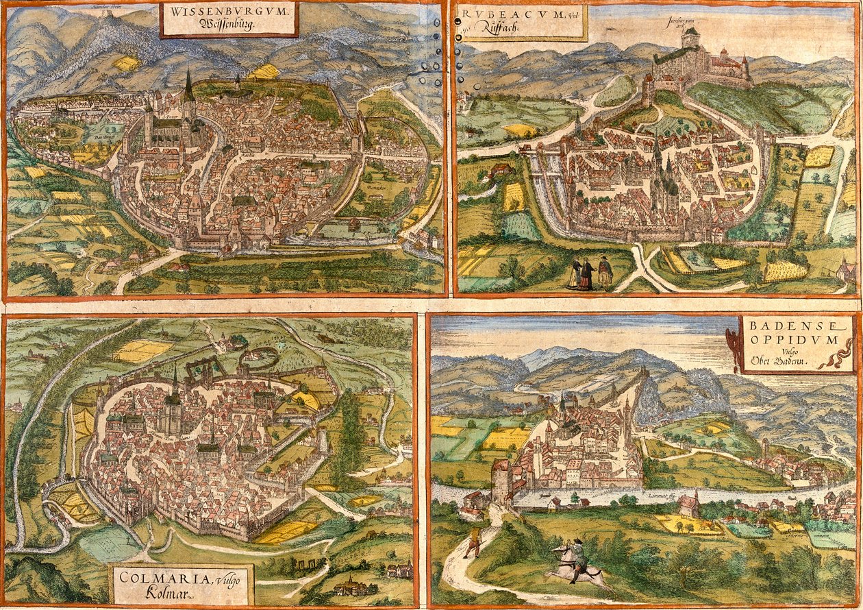 A németországi Weissenburg (Wissenburgum), a franciaországi Rouffach (Rubeacum) és Colmar (Colmaria) és a svájci Baden térképe (rézkarc) alkotó: Franz Hogenberg