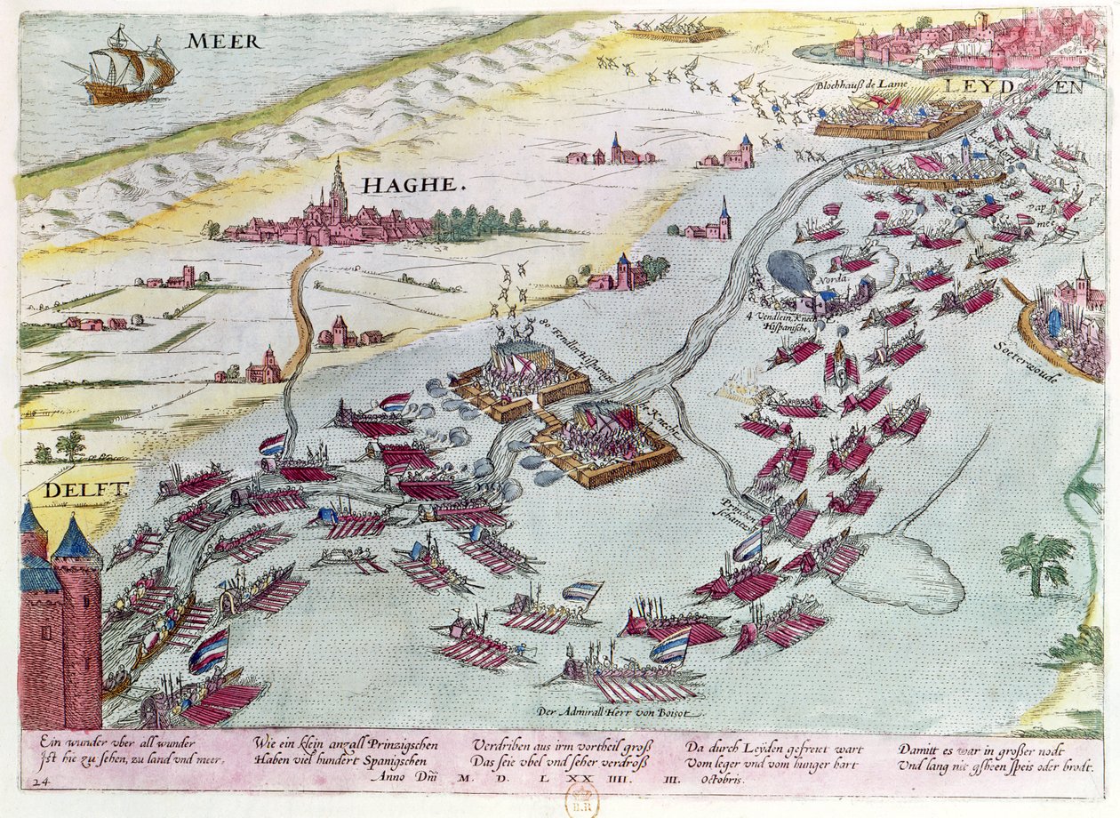 Tengerészeti harc Hága partjainál Haditengerészet a tenger koldusai és a spanyolok között 1573-ban (színes metszet) alkotó: Franz Hogenberg