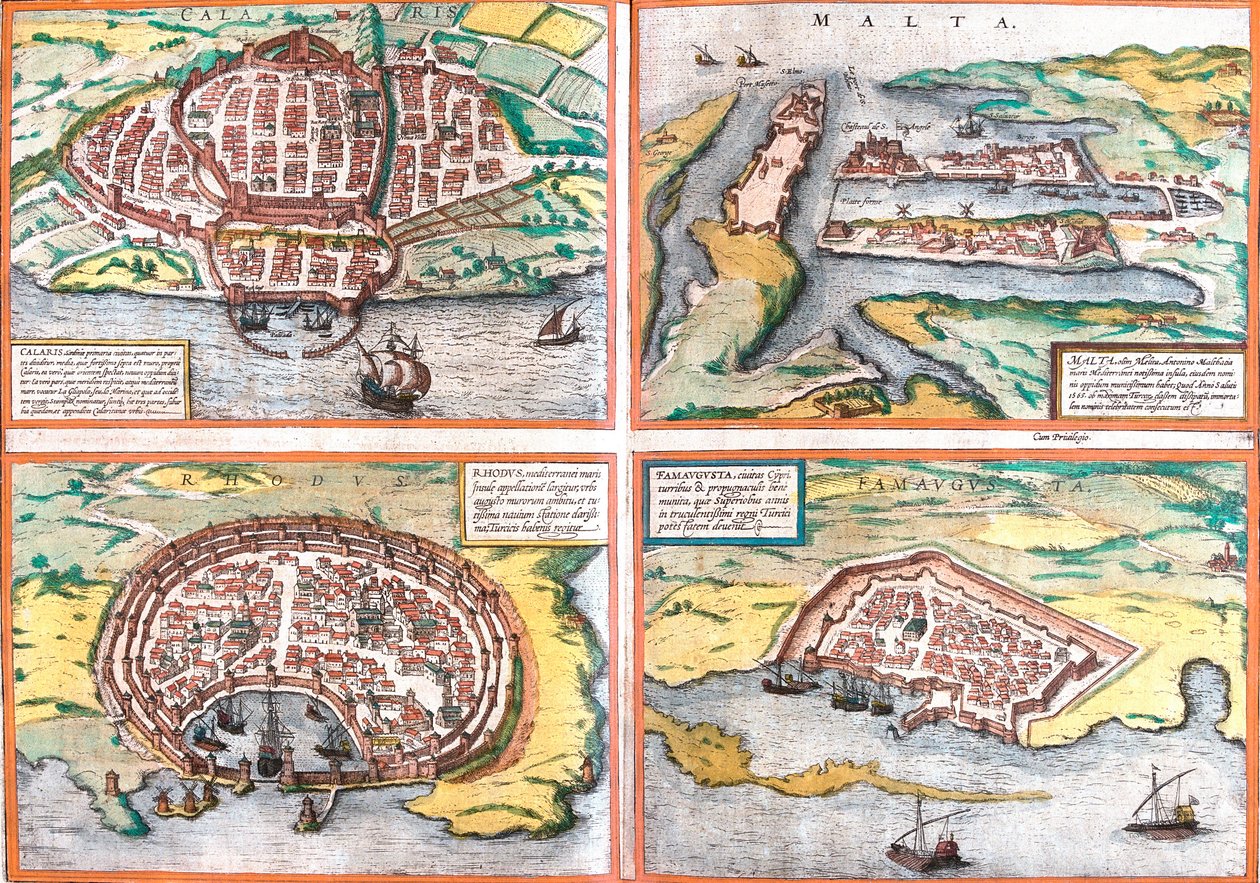 Cagliari (Calaris), Szardínia (Olaszország), Málta (Málta), Rodosz (Rhodes) és Famagusta (Famaugusta) terve, Ciprus (rézkarc) alkotó: Franz Hogenberg
