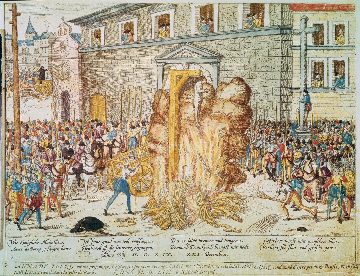 Vallásháború: Anne du Bourg francia protestáns magisztrátus (1521-1559) kivégzése 1559.12.23-án a párizsi Place de Greve-n” alkotó: Franz Hogenberg