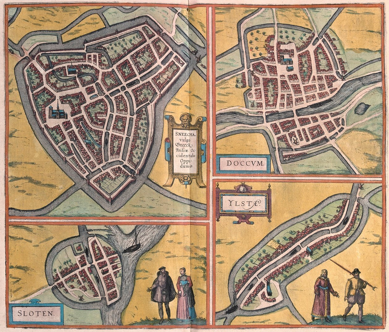 Sneek, Dokkum, Sloten, Ijlst, Hollandia (metszet alkotó: Franz Hogenberg