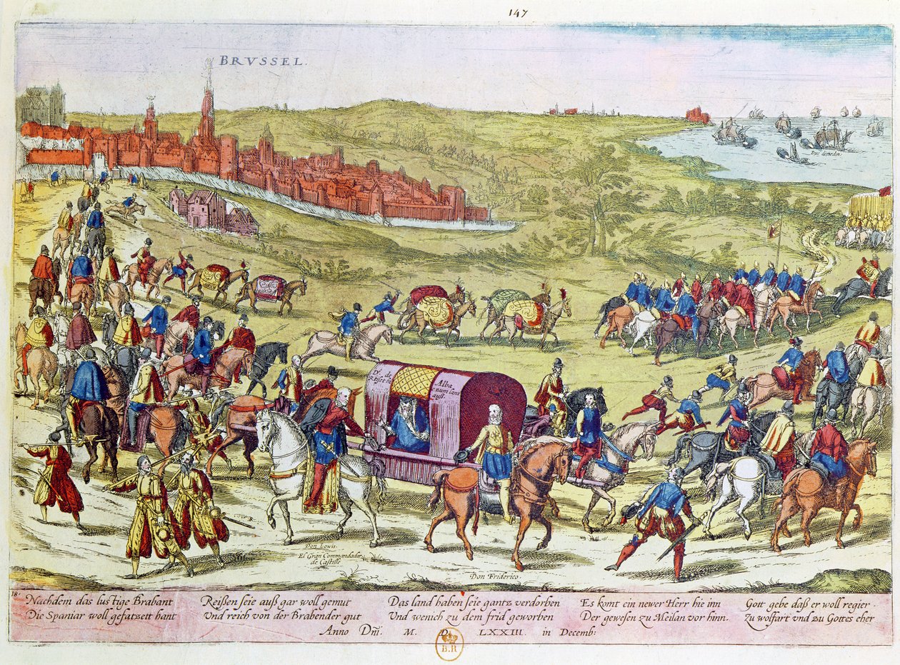 Alba hercege, akit visszahívtak Spanyolországba, elhagyta Brüsszelt, 1573-ban alkotó: Franz Hogenberg