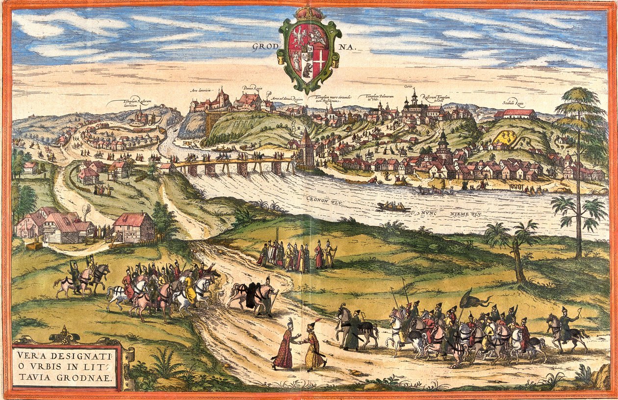 Hrodna vagy Grodno (Grodna), Fehéroroszország (Fehéroroszország) kilátása (rézkarc alkotó: Franz Hogenberg