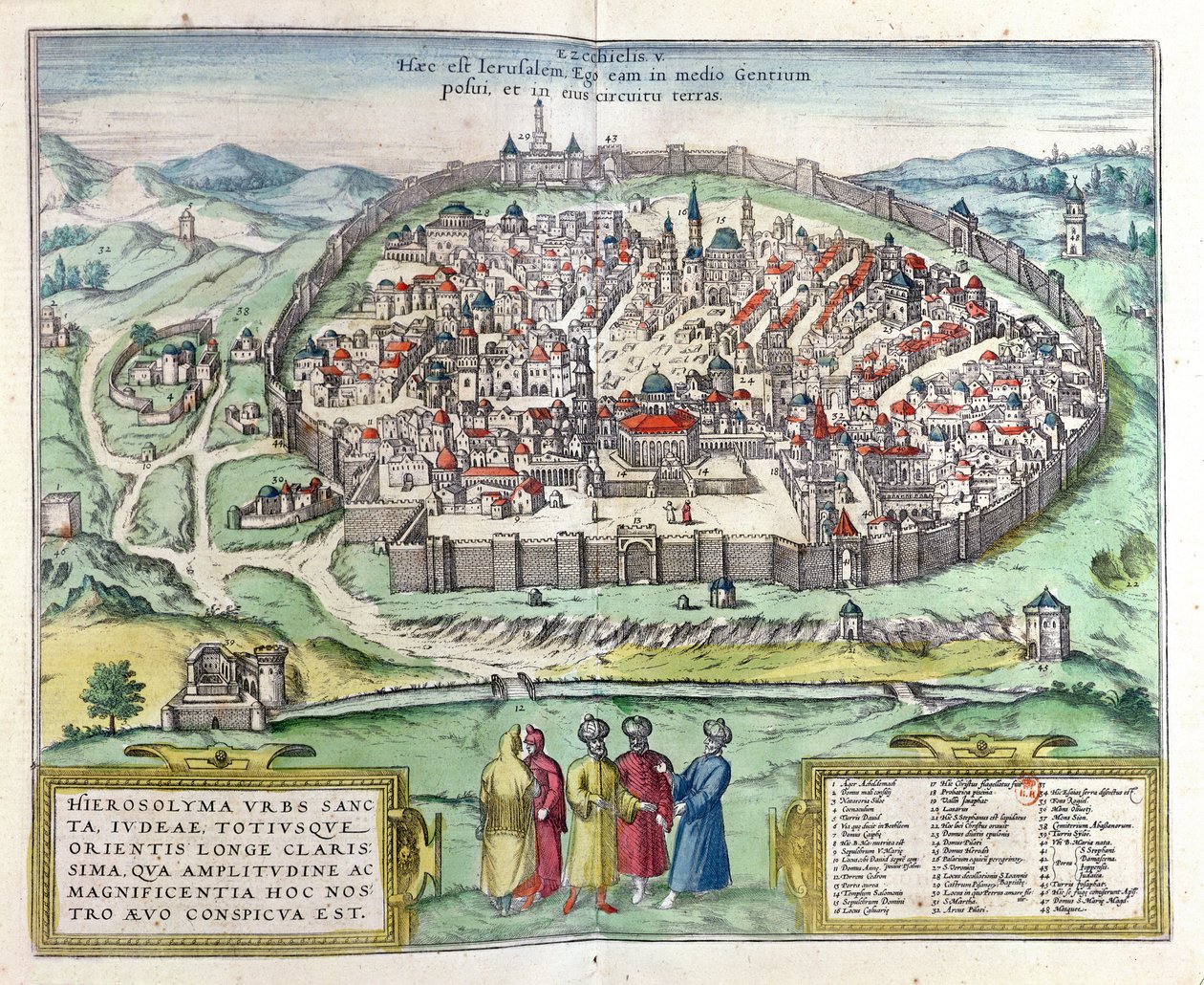 Kilátás Jeruzsálemre, Georg Braun „Le Theater des Cites du Monde” atlaszából, Köln, 1599 (színes metszet) alkotó: Franz Hogenberg