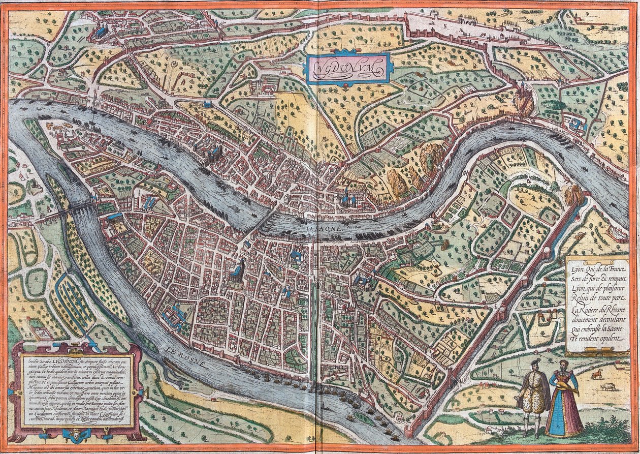 Kilátás Lyonra (Lugdunum), Franciaország (rézkarc alkotó: Franz Hogenberg