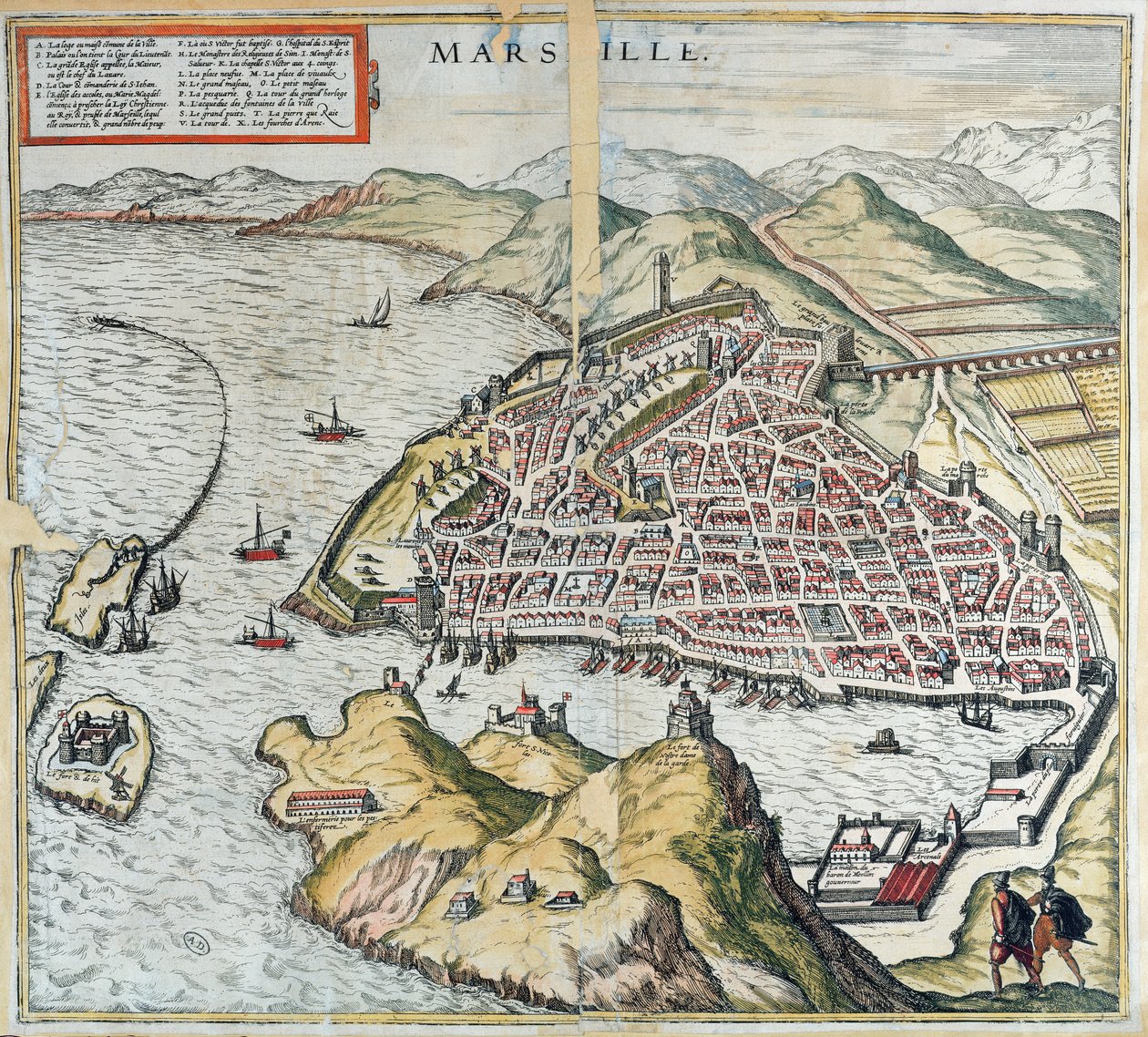 Marseille látképe a 16. században, balra lent a leprások kórháza, Georg Braun "Le Théâtre du Monde" című művéből, 1599. alkotó: Franz Hogenberg