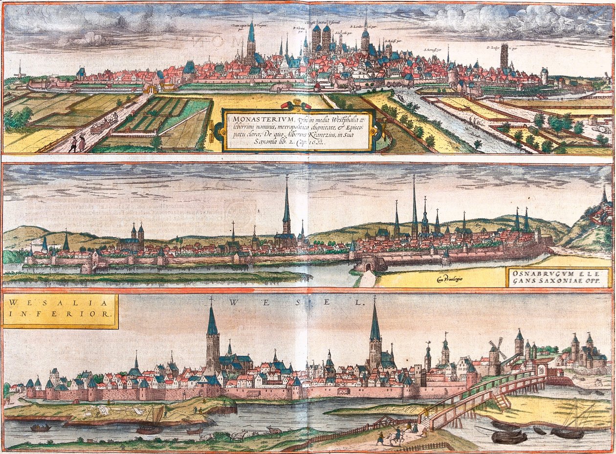 Kilátás Munsterre (Monasterium), Osnabruckra (Osnabrugum) és Weselre (Weselia), Németország (rézkarc) alkotó: Franz Hogenberg