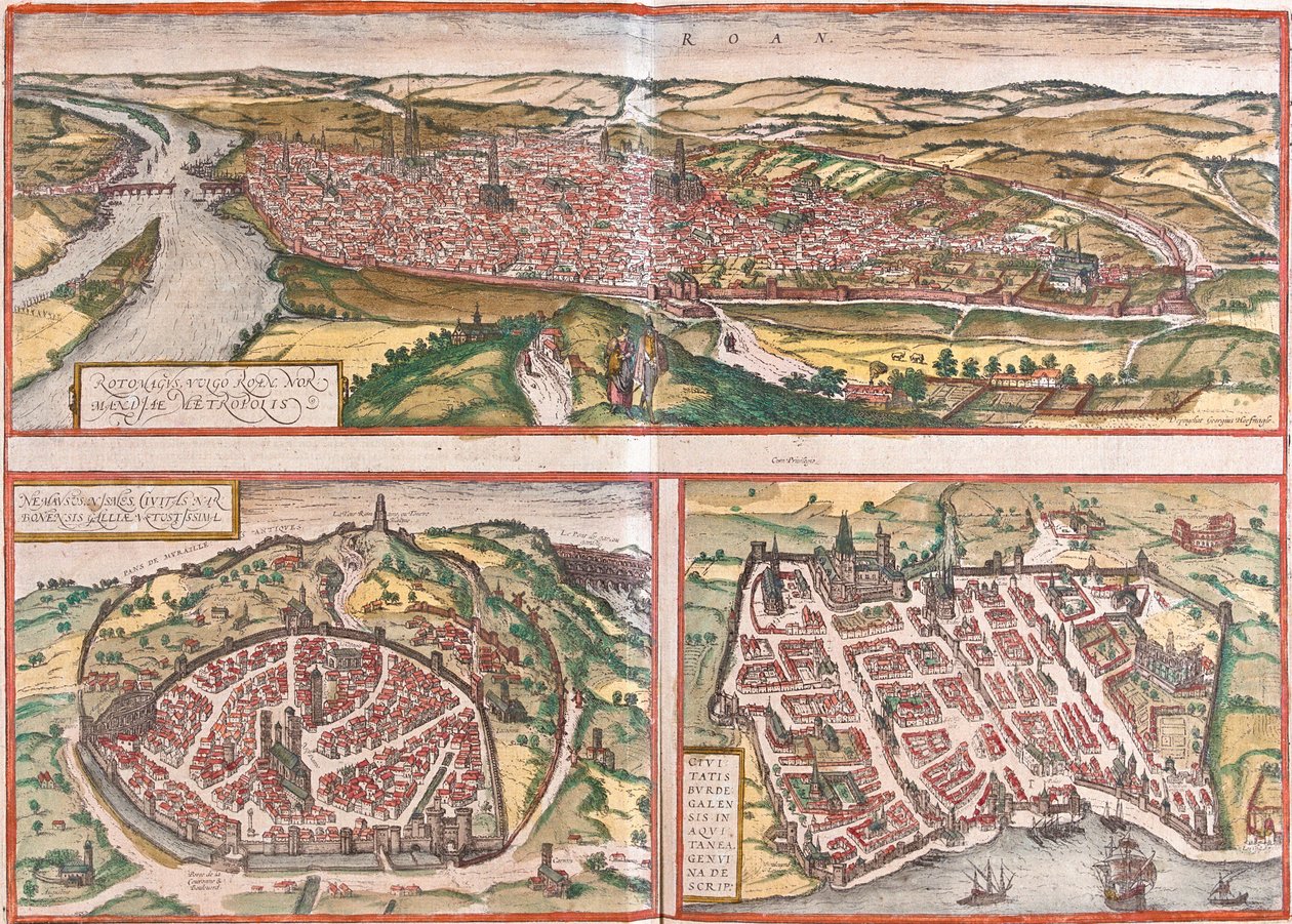 Rouen (Rotomagus), Nimes (Nemausus) és Bordeaux (Burdigala) kilátása, Franciaország (rézkarc) alkotó: Franz Hogenberg