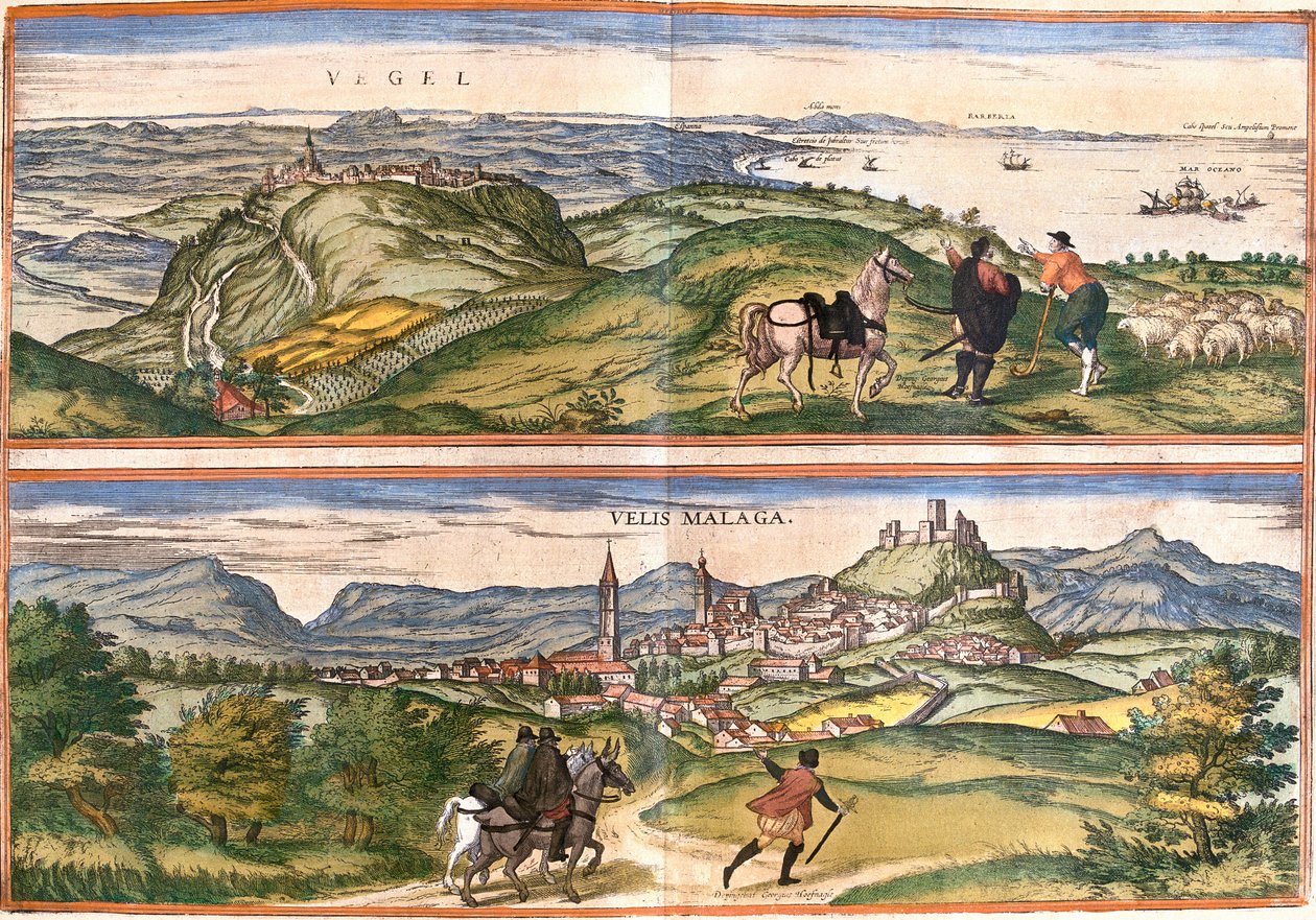 Kilátás Vejer de la Frontera (Vegel) és Velez Malaga (Velis Malaga), Spanyolország (rézkarc) alkotó: Franz Hogenberg