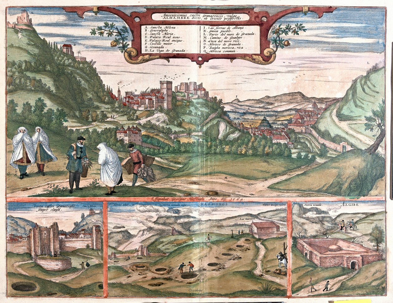 Kilátás az Alhambrára Granada városával, Spanyolország: a tetején az Alhambra kilátása a Cerro del Sol-dombon. A bal alsó nézetben az Alhambra zárt ajtói láthatók. Középen a Masmoros barlangok torkolatai találhatók. A nagy szerkezet jobb alsó sarokban alkotó: Franz Hogenberg