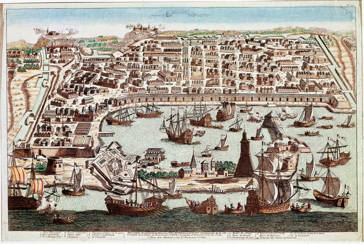 Messina városának kilátása Szicíliában – Franz Hogenberg (1535-1590) metszet a „Civitatis Orbis Terranum”-ból, Braun és Hogenberg – 1594 (Kilátás Messina városára, Szicília – Franz Hogenberg (1535-1590) metszete ) a „” Civitatis Hobis Terrantól alkotó: Franz Hogenberg