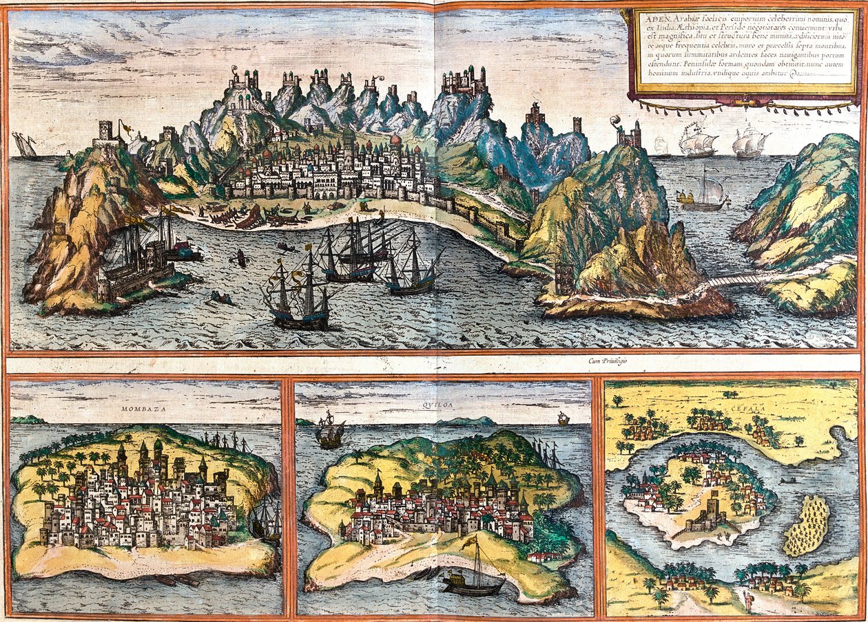 Aden (Jemen), Mombasa (Mombaza) (Kenya), Kilwa Kisiwani (Quiloa) (Tanzánia) és Cefala Diana (Cefala) (Szicília, Olaszország) kilátásai (rézkarc alkotó: Franz Hogenberg