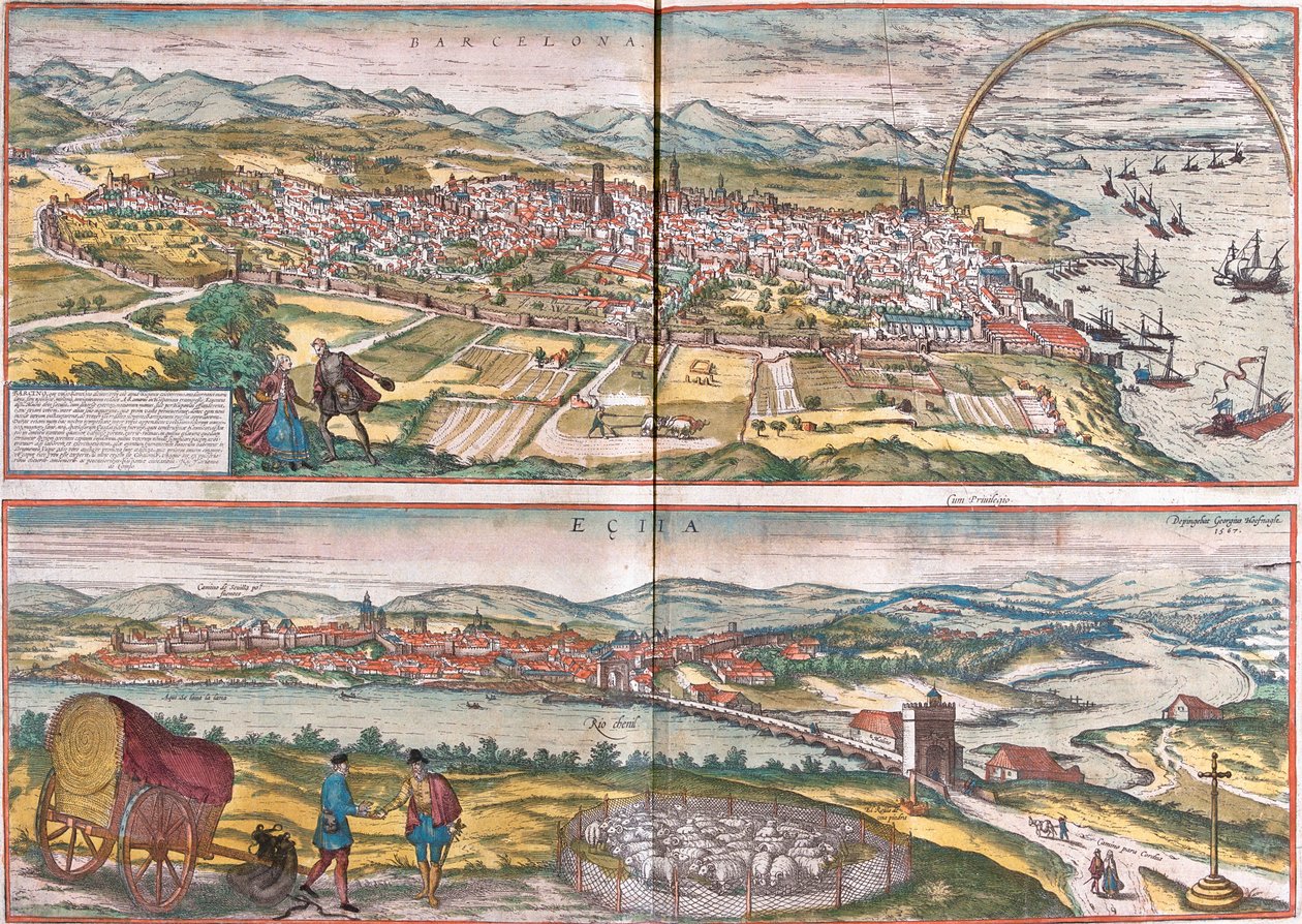 Kilátás Barcelona és Ecija (Eciia), Spanyolország (rézkarc alkotó: Franz Hogenberg