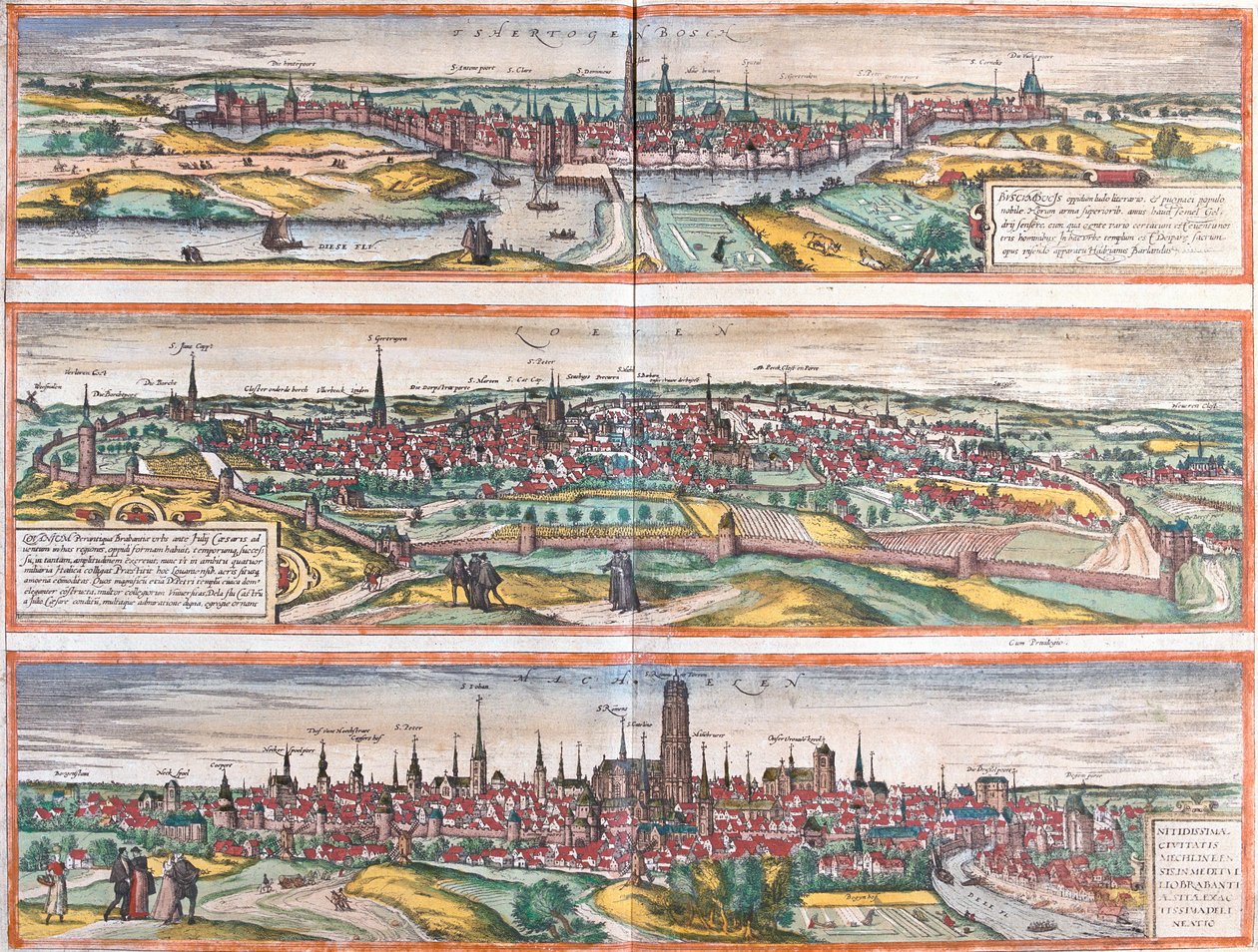 Bois le Duc (Buscumducis), Hollandiában, Leuven (Lovanium) és Mechlineen (Mechlineen) Belgiumban (rézkarc). alkotó: Franz Hogenberg