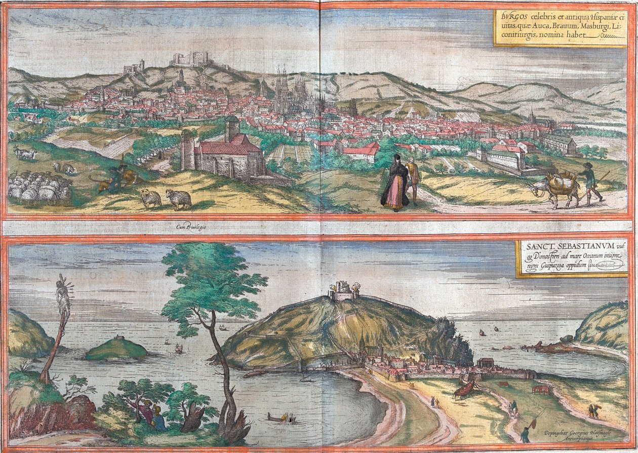 Burgos és San Sebastian (vagy Donostia) kilátása, Spanyolország (rézkarc alkotó: Franz Hogenberg