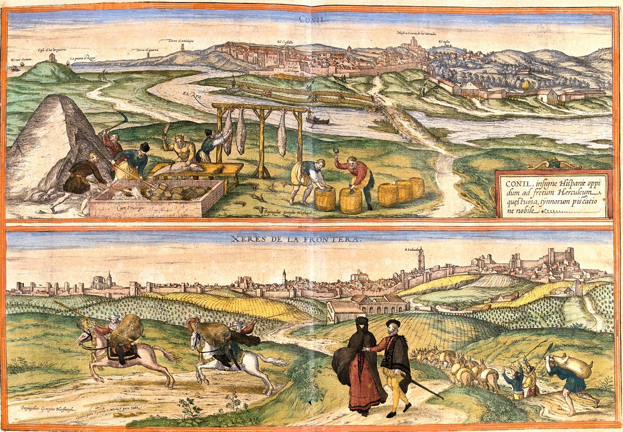 Conil de la Frontera (Conil) és Xeres (Xeres de la Frontera) kilátása, Spanyolország (rézkarc alkotó: Franz Hogenberg