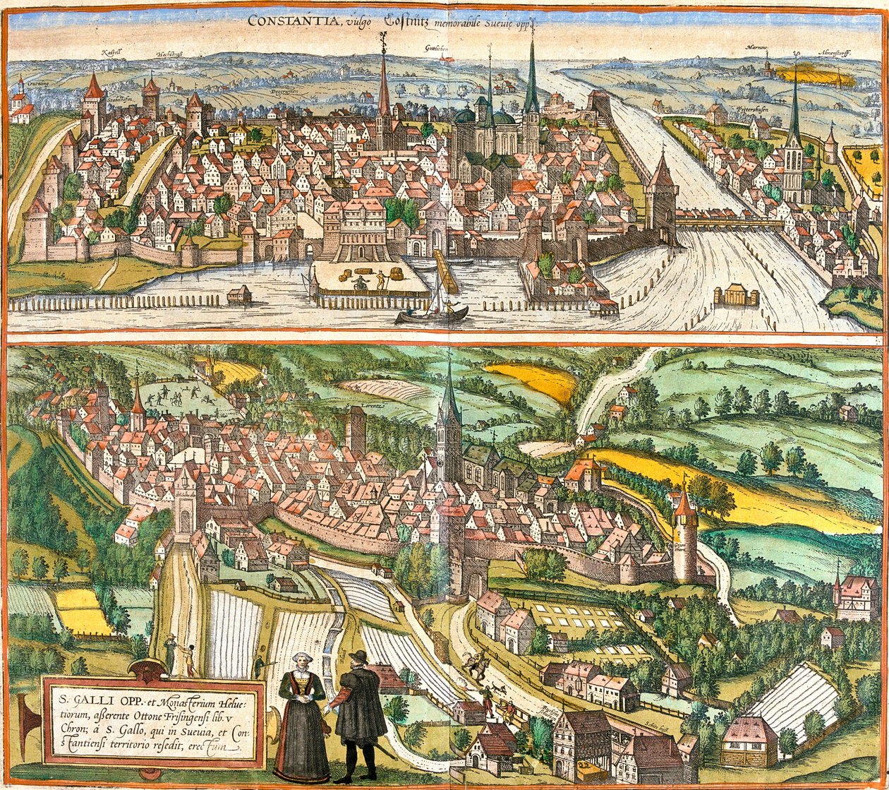 Constance (Contantia), Németország és St. Galli (S. Galli), Svájc kilátásai (rézkarc alkotó: Franz Hogenberg