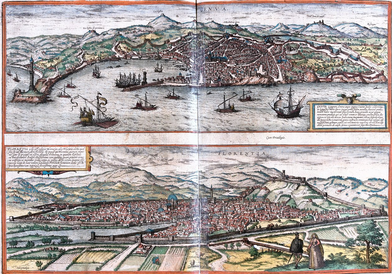 Gének (Genua) és Firenze (Firencia) kilátásai, Olaszország (rézkarc alkotó: Franz Hogenberg