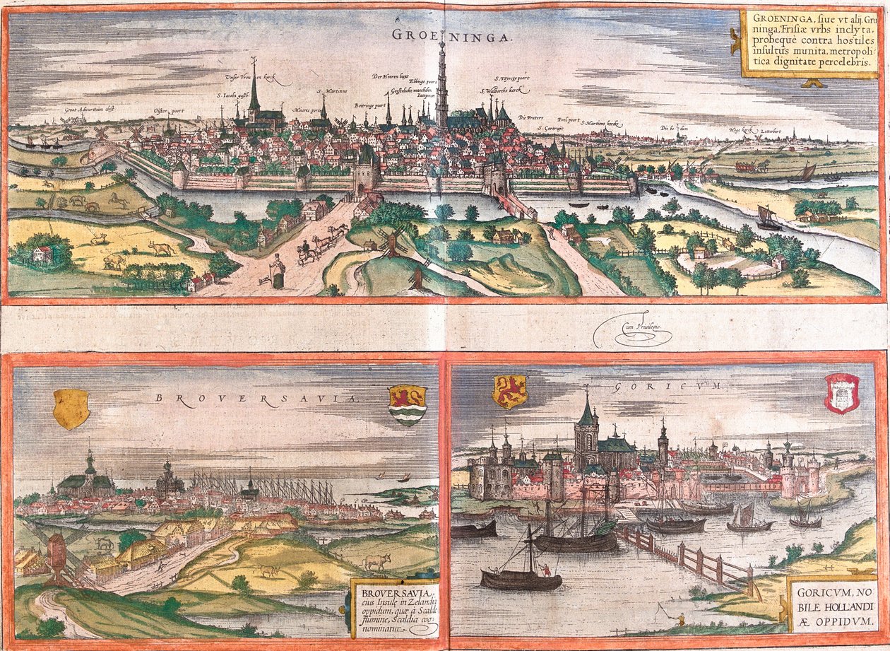 Groningen (Groeninga), Brouwershaven (Broversavia) és Gorinchem (Goricum) kilátásai Hollandiában (rézkarc alkotó: Franz Hogenberg