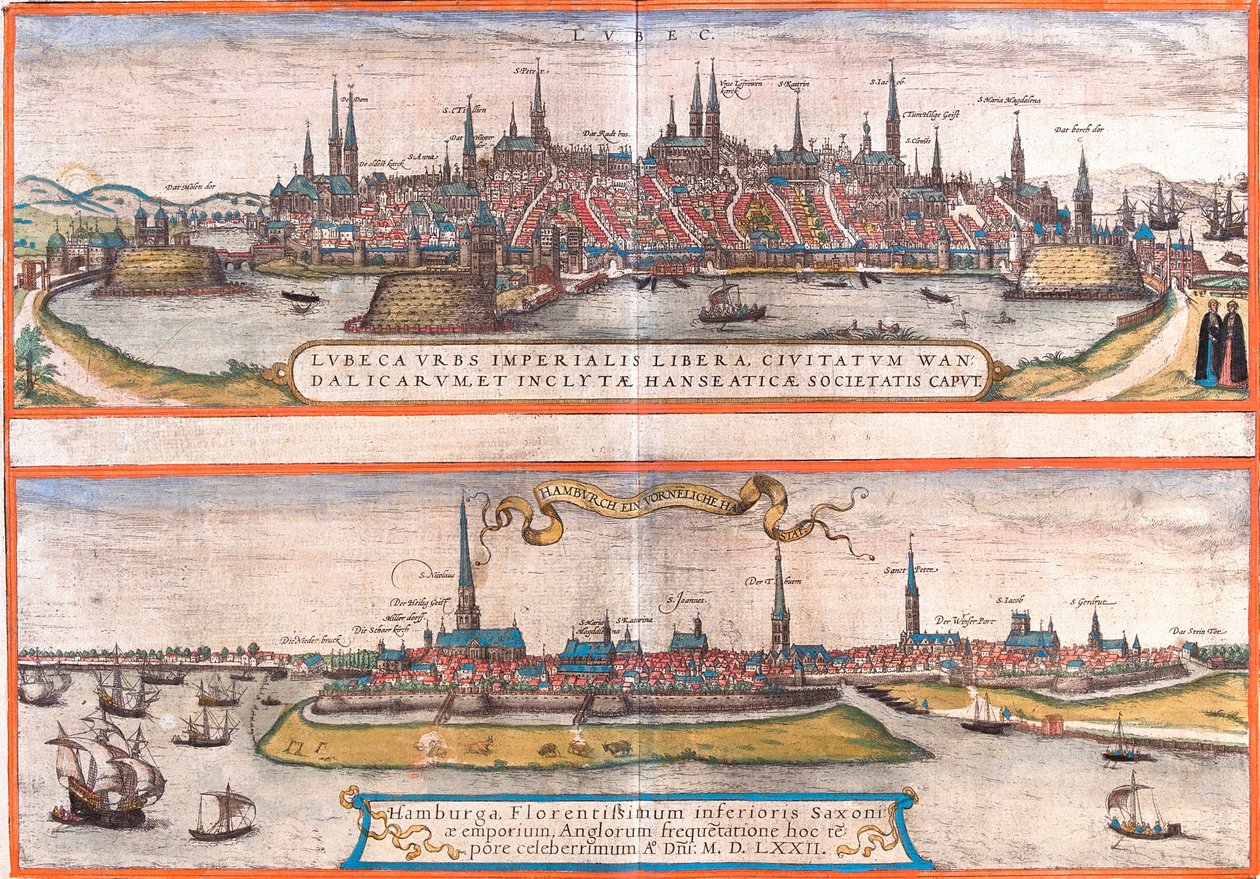 Lubeck (Lubeca) és Hamburg (Hamburga) kilátásai, Németország (rézkarc alkotó: Franz Hogenberg