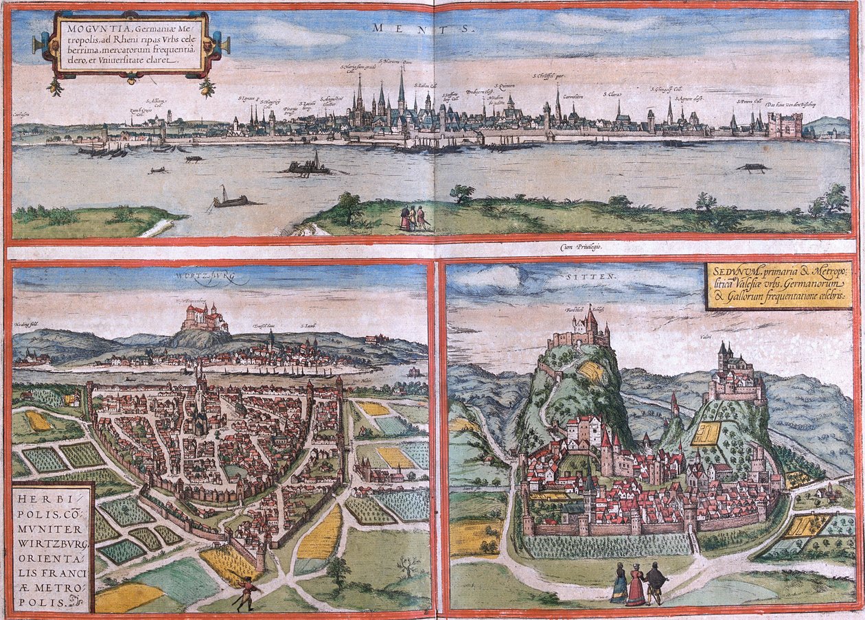 Mainz (Moguntia), Würzburg (Németország) és Sion (Sedunum) kilátásai Svájcban (rézkarc alkotó: Franz Hogenberg
