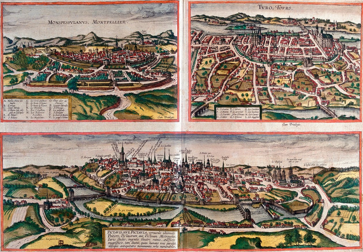 Kilátás Montpellier-re (Monspessulanus), Tours-ra (Turo) és Poitiers-re (Pictavis), Franciaországra (rézkarc) alkotó: Franz Hogenberg