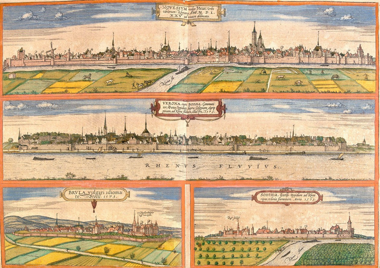 Neuss (Novesium), Bonn (Verona), Bruhl (Brula) és Zons (Sontina) kilátásai, Németország (rézkarc) alkotó: Franz Hogenberg