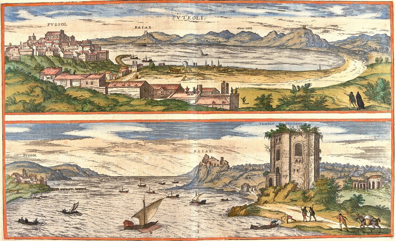 Kilátás Pozzolira (Puteoli) és öblökre (Baiae) (a mai Baia), Olaszországban, a Nápolyi-öböl termálfürdőinek ősi maradványaival és egy erőddel (rézkarc) alkotó: Franz Hogenberg