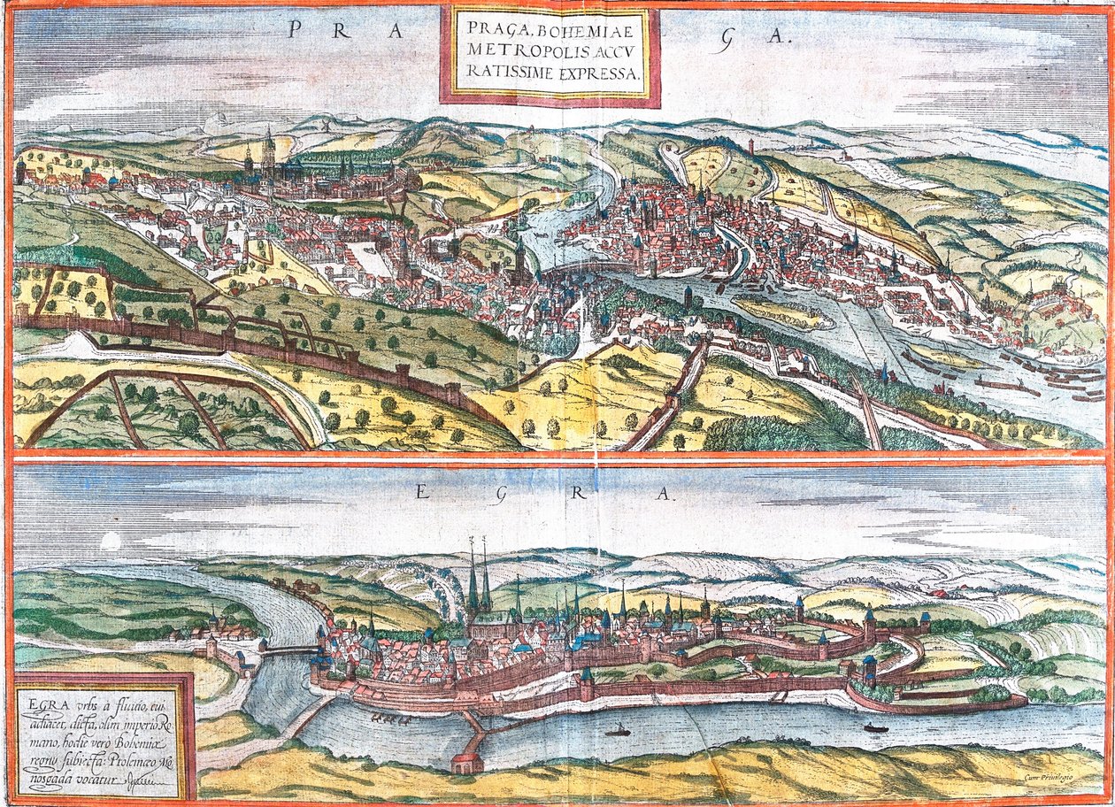Prága (Prága) és Egra, Csehország kilátásai (rézkarc alkotó: Franz Hogenberg