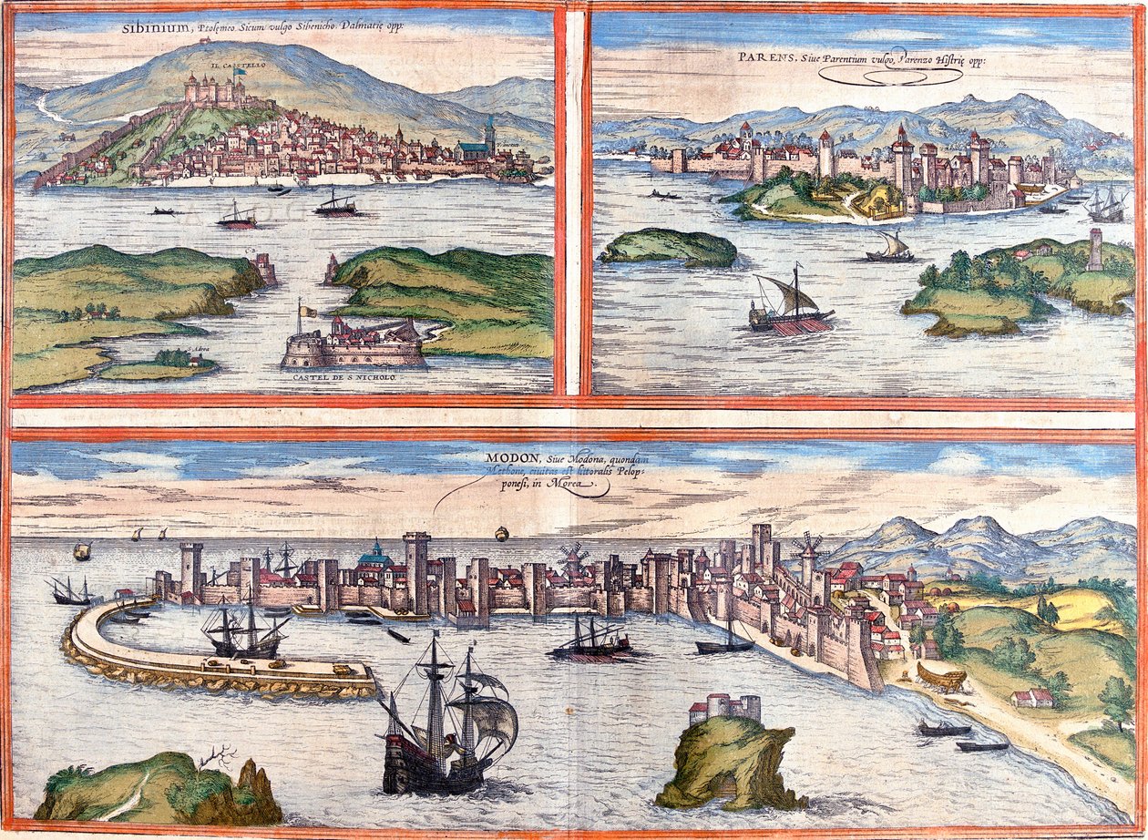 Kilátás Sibenikre (Sibinium, Sibenicho), Porecre (Szülő, Szülők), Horvátországra és Modonra (Modona), Görögországra (rézkarc) alkotó: Franz Hogenberg