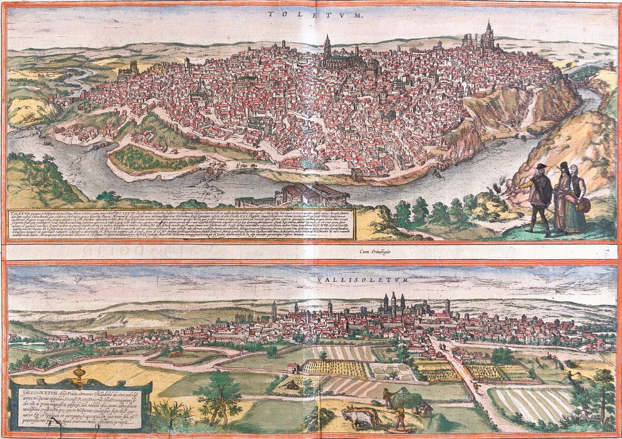 Toledo és Valladolid (Vallisoletum) kilátásai, Spanyolország (rézkarc alkotó: Franz Hogenberg