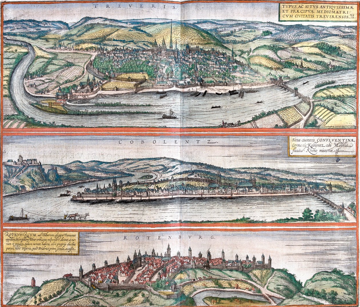 Treves (Treveris), Koblenz (Coboletz) és Rothenburg (Rotenburgum) kilátása, Németország (rézkarc) alkotó: Franz Hogenberg