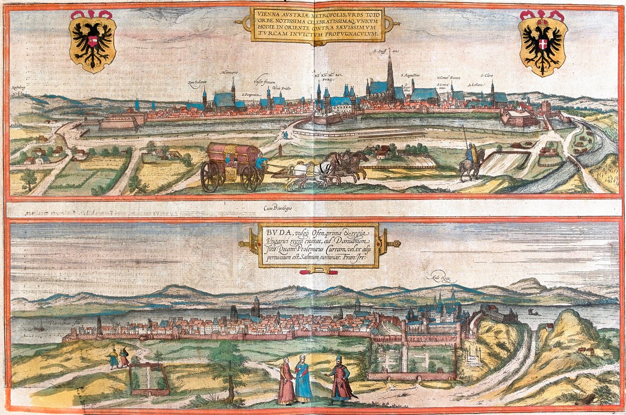 Bécs (Bécs), Ausztria és Budapest (Buda), Magyarország látképe (rézkarc alkotó: Franz Hogenberg