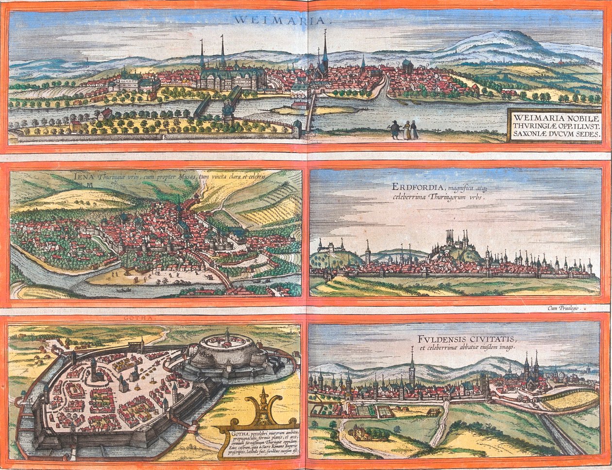 Weimar (Weimaria), Iena, Erfurt (Erdfordia), Gotha és Fulde (Fuldensis), Németország (rézkarc) kilátásai alkotó: Franz Hogenberg