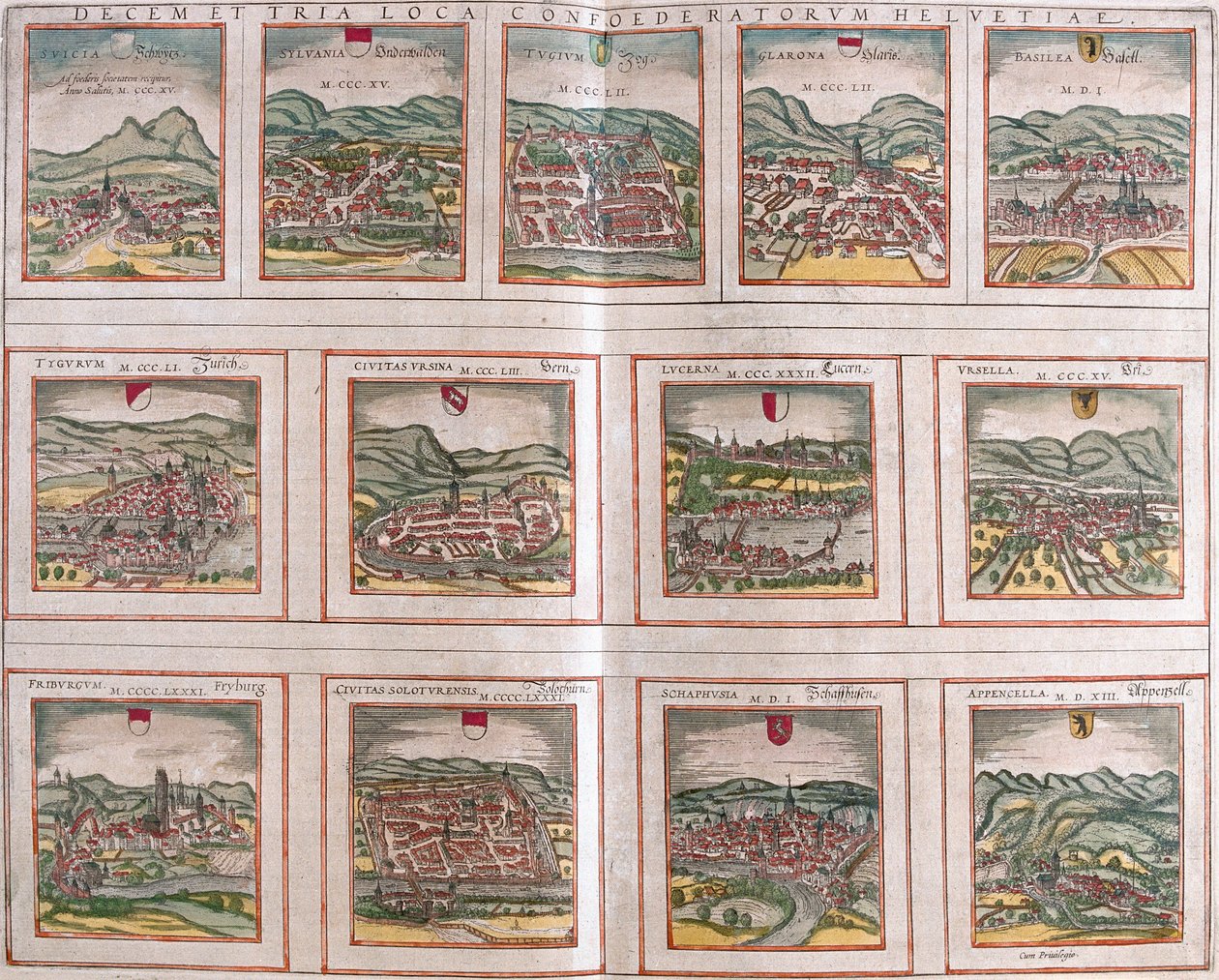 A Svájci Államszövetség főbb városai: Schwytz (Svicia), Zug (Tugium), Glaris (Glarona), Bázel (Basel), Zürich (Tugurum), Bern (Ursina), Luzern (Lucerna), Uri (Ursella), Fribourg (Freegurgum), Solothurn (Soloturensis), Schaffhausen (Kápolna). alkotó: Franz Hogenberg