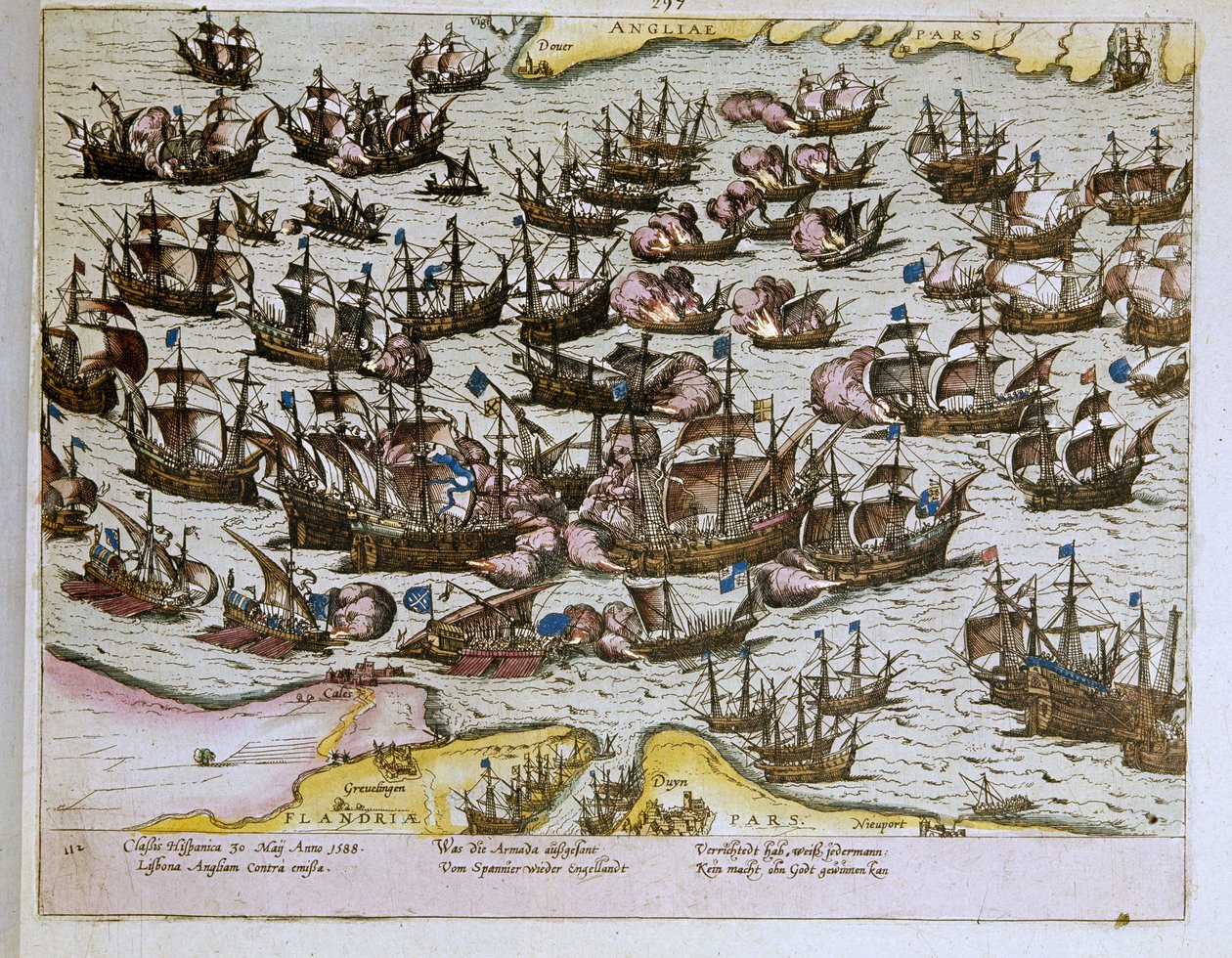 a legyőzhetetlen spanyol Armada legyőzése az angol partoktól 1588.08.08., illusztráció 1653-ból (metszet) alkotó: Franz Hogenberg