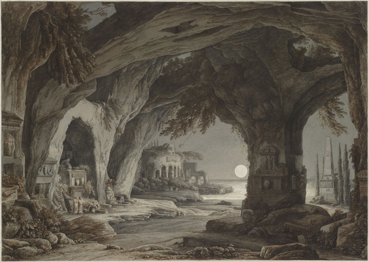 Ideális táj sziklabarlanggal, sírokkal és romokkal a holdfényben, kb. 1790. alkotó: Franz Innocenz Josef Kobell