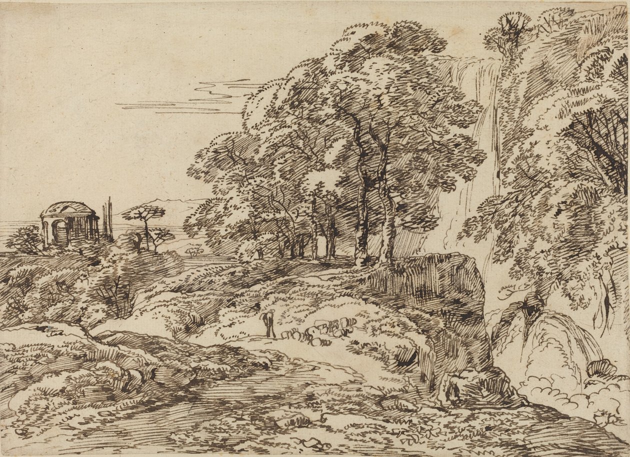 Pásztori táj vízeséssel és templommal alkotó: Franz Innocenz Josef Kobell