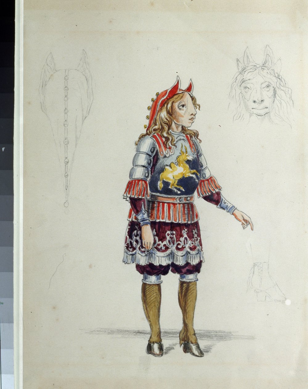 Jelmezterv Cesare Pugni (1802-1870) "Le petit cheval humpback"" című balettjéhez (C. Pugni The Little Humpbacked Horse című balett jelmezterve). A kis ló. Franz Iosifovich Nordmark munkája, ceruza és akvarell papíron alkotó: Franz Iosifovich Nordmark