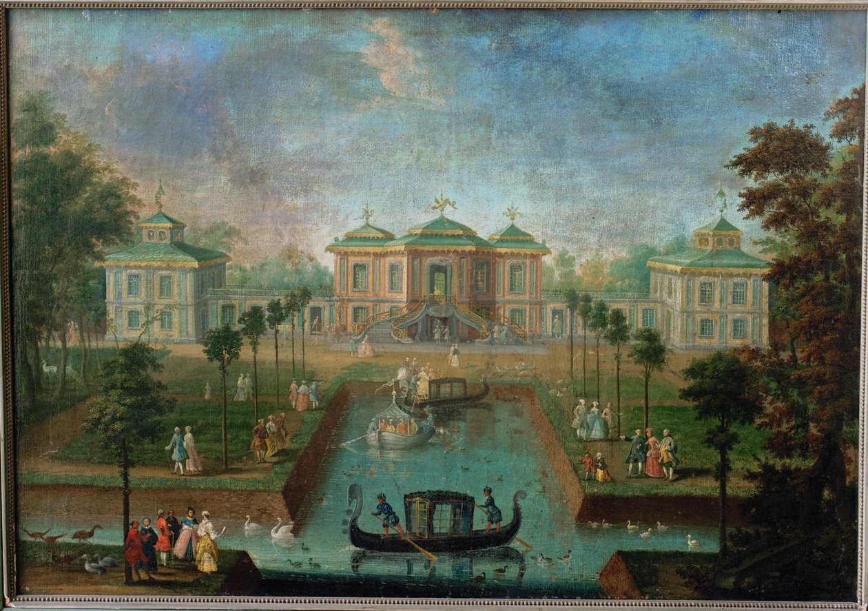 Udvari élet az Augustusburg kastély parkjában az Indiai Ház körül, nézet keletről ... alkotó: Franz Jakob Rousseau