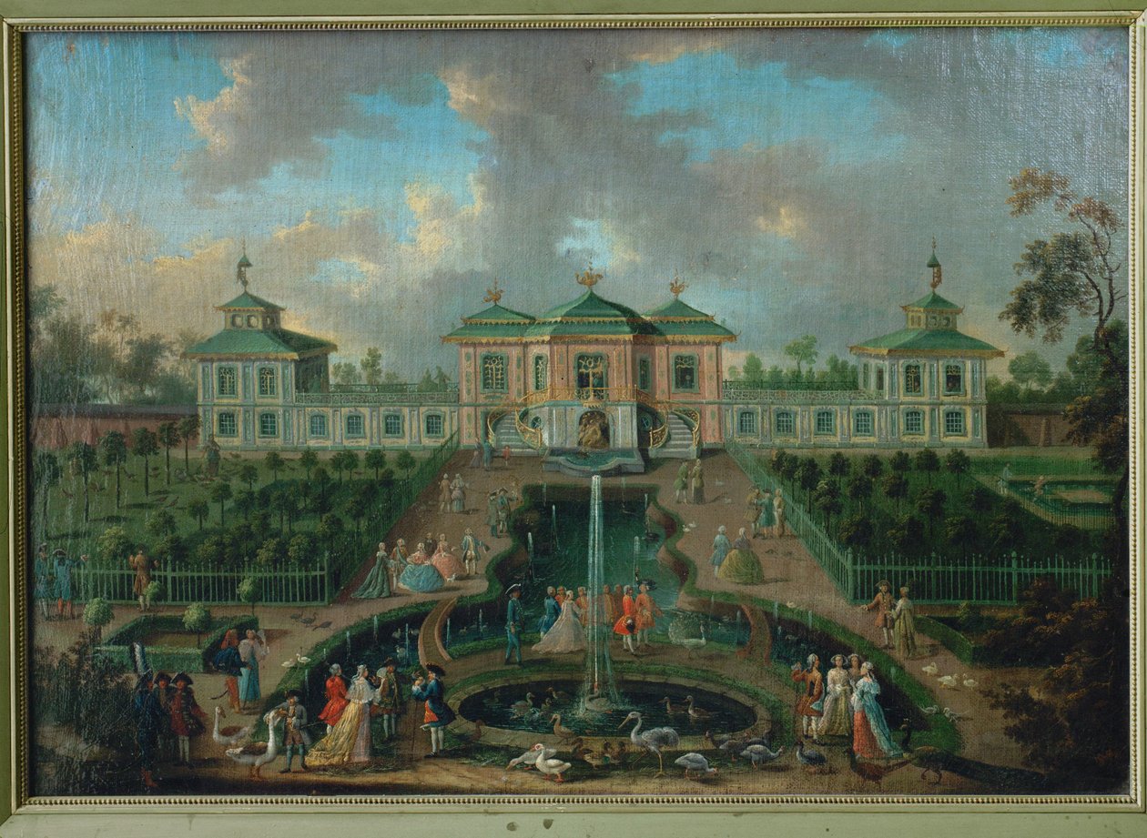 Udvari élet az Augustusburg kastély parkjában az Indiánház körül, nézet nyugatról ... alkotó: Franz Jakob Rousseau