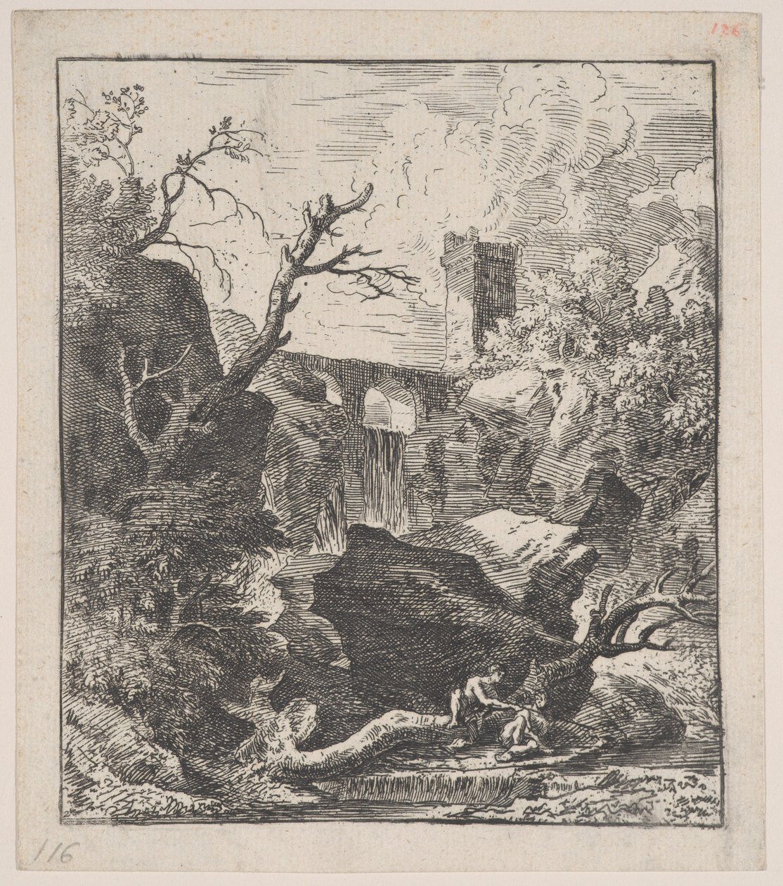 2. tábla: két alak ül egy fatörzsön egy patak partján az előtérben,..., kb. 1700-25. alkotó: Franz Joachim Beich