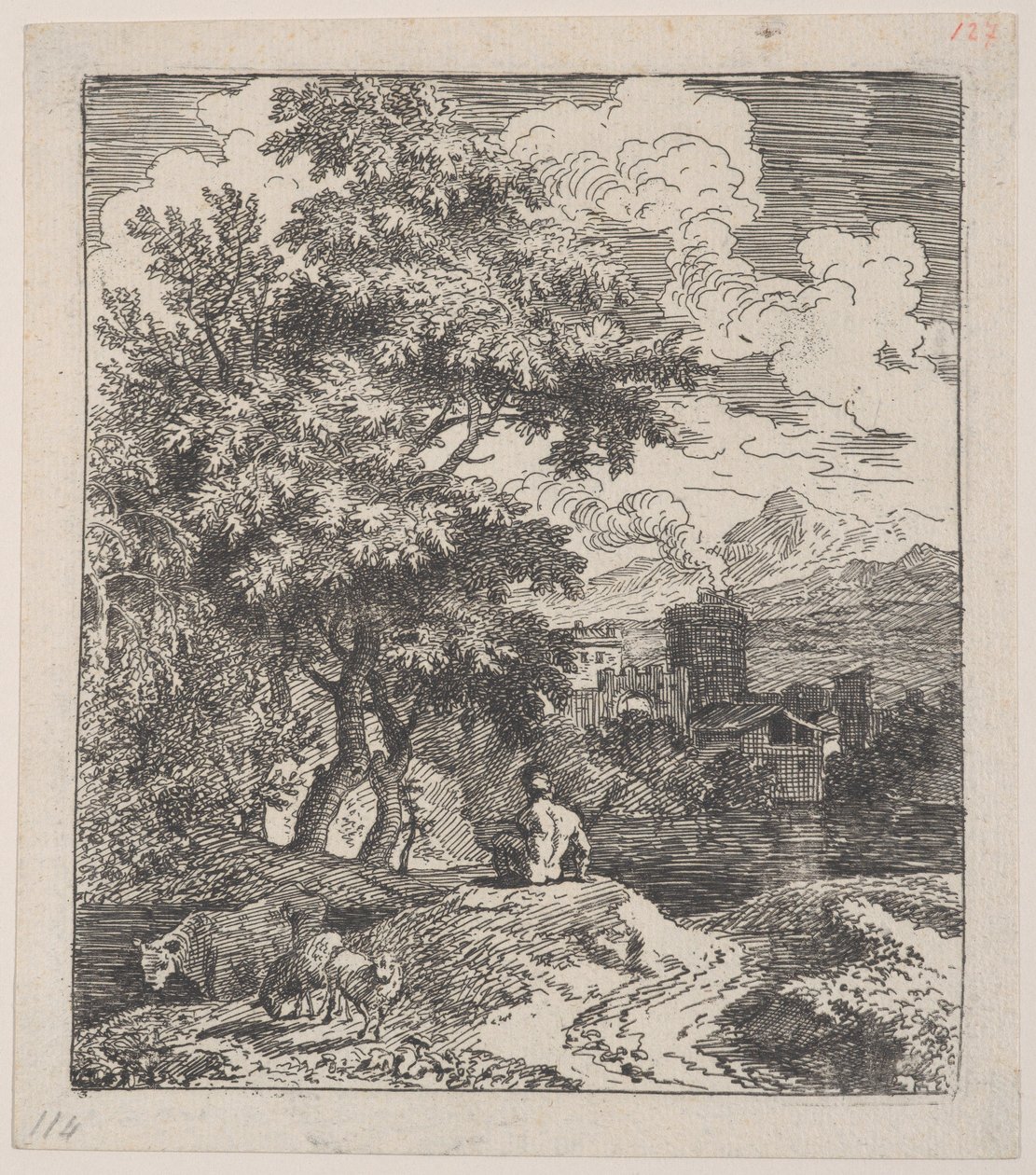 3. tábla: egy pásztor ül egy dombon, egy tehén és két bárány balra, és egy város Ri..., kb. 1700-25. alkotó: Franz Joachim Beich