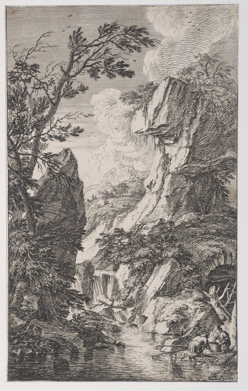 4. tábla: két halász a patak partján jobbra, vízesés középen, innen..., kb. 1700-25. alkotó: Franz Joachim Beich